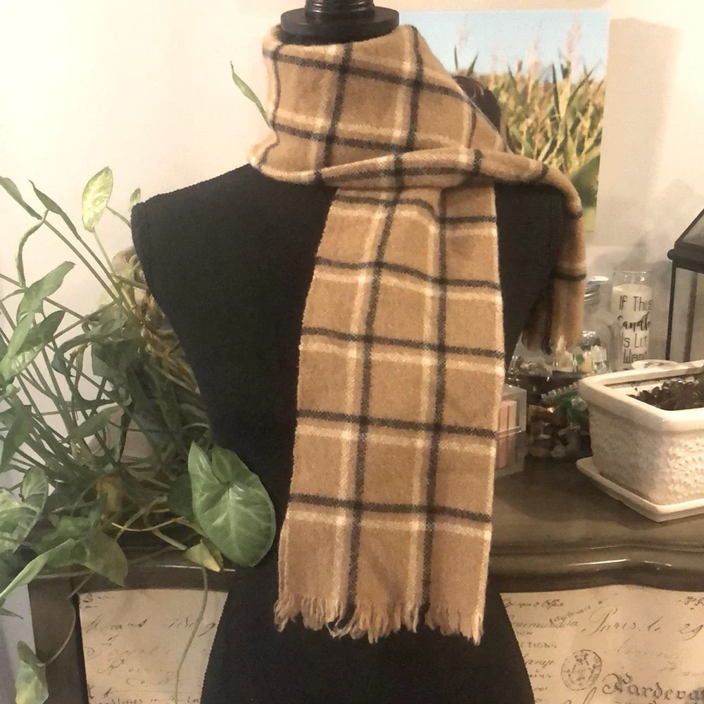 SHETLAND LONG WOOL PLAID SCARF WITH FRINGE TAN BLACK WHITE UNISEX